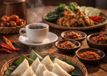 Sajian lezat Kuliner Khas Berastagi yang menggugah selera di atas meja makan kayu.
