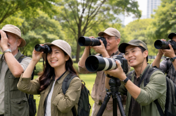 Para penghobi sedang mengeksplorasi salah satu Lokasi Pengamatan Burung di Medan saat pagi hari.