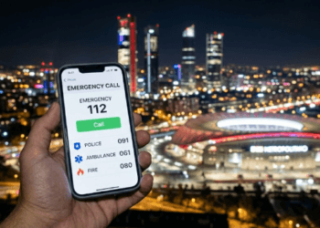 Seseorang sedang menunjukkan layar ponsel yang berisi daftar nomor telepon darurat Madrid untuk antisipasi kondisi kritis di Spanyol.
