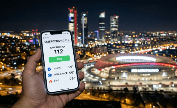 Seseorang sedang menunjukkan layar ponsel yang berisi daftar nomor telepon darurat Madrid untuk antisipasi kondisi kritis di Spanyol.