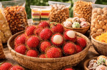 Deretan produk oleh-oleh khas Binjai mulai dari buah rambutan segar hingga berbagai keripik kemasan.