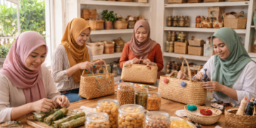 Proses pembuatan kerajinan tangan yang menjadi salah satu Produk UMKM Martubung Medan.