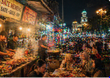 Suasana pusat jajanan malam yang menawarkan ragam Kuliner Khas Medan Helvetia.