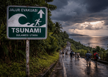 Papan penanda jalur evakuasi tsunami di pesisir pantai Sulawesi Utara.