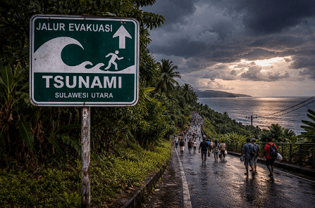 Papan penanda jalur evakuasi tsunami di pesisir pantai Sulawesi Utara.