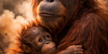 Dampak buruk kabut asap kebakaran hutan yang mengancam kesehatan pernapasan orangutan dan bayinya di alam liar.