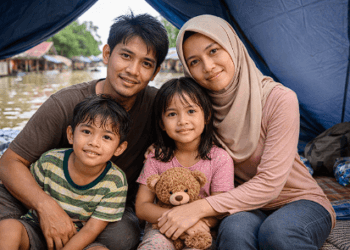 Keluarga pengungsi banjir Sirenja sedang beristirahat di posko darurat yang disediakan oleh pemerintah setempat.