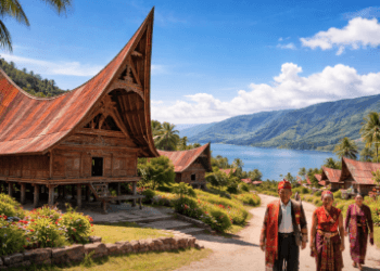 Keindahan arsitektur rumah adat Batak di salah satu titik wisata Pulau Samosir dengan latar belakang Danau Toba.