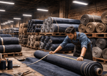 Stok melimpah berbagai jenis kain denim dan bahan celana di Medan untuk kebutuhan produksi massal konveksi.