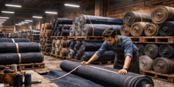 Stok melimpah berbagai jenis kain denim dan bahan celana di Medan untuk kebutuhan produksi massal konveksi.