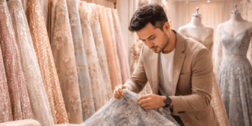 Keindahan tekstur dan detail mutiara pada koleksi kain tile dan brokat di Medan untuk busana formal.