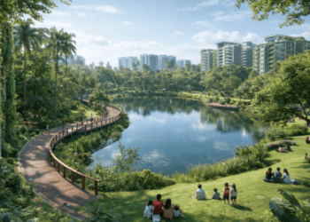 Visualisasi pembangunan Ekosistem Hijau di tengah kota.