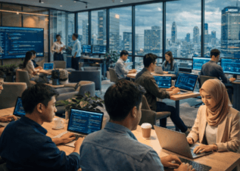 Suasana kolaborasi di dalam sebuah Startup Medan yang sedang berkembang pesat.