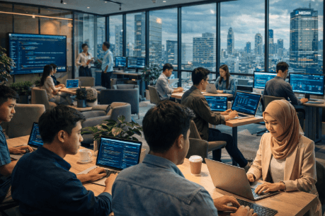 Suasana kolaborasi di dalam sebuah Startup Medan yang sedang berkembang pesat.