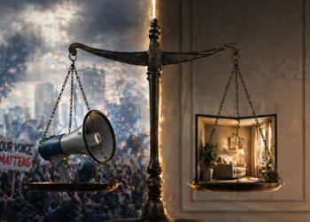 Visualisasi mengenai dilema antara Etika Istri Gubernur Kaltim dan tuntutan demokrasi di ruang publik.