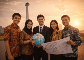 Ilustrasi para alumni yang menjalankan kewajiban penerima beasiswa LPDP dengan berkontribusi langsung di tanah air.