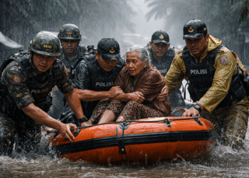 Personel TNI dan Polri bersinergi mengevakuasi warga lansia menggunakan perahu karet di tengah kepungan banjir Donggala.