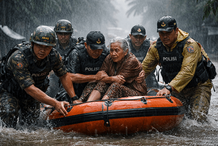 Personel TNI dan Polri bersinergi mengevakuasi warga lansia menggunakan perahu karet di tengah kepungan banjir Donggala.