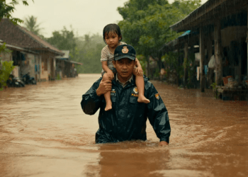 Personel Polres Demak sedang mengevakuasi balita dari rumah yang terendam banjir akibat tanggul sungai yang jebol di Kecamatan Guntur