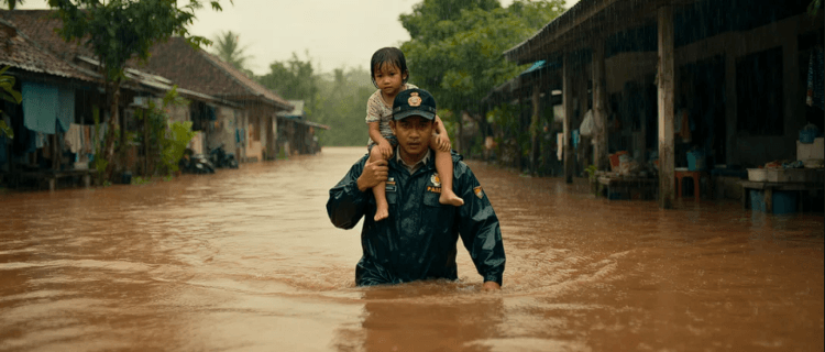 Personel Polres Demak sedang mengevakuasi balita dari rumah yang terendam banjir akibat tanggul sungai yang jebol di Kecamatan Guntur