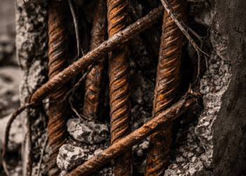 Besi tulangan yang berkarat pada pilar beton yang pecah akibat guncangan gempa.