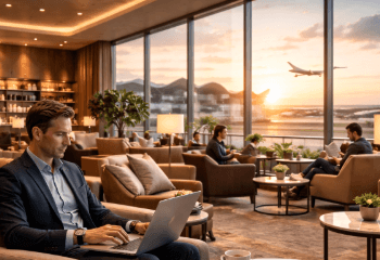 Suasana interior executive lounge yang mewah dan nyaman untuk penumpang VIP di Bandara Kualanamu