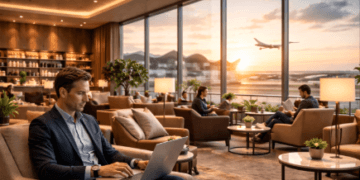 Suasana interior executive lounge yang mewah dan nyaman untuk penumpang VIP di Bandara Kualanamu