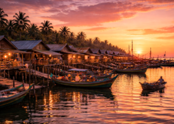 Pemandangan matahari terbenam yang memukau sebagai bagian dari pesona kampung nelayan di sore hari.
