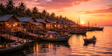 Pemandangan matahari terbenam yang memukau sebagai bagian dari pesona kampung nelayan di sore hari.