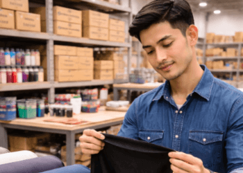 Deretan stok kain katun berkualitas di Grosir Bahan Kaos dan Spandek Medan untuk memenuhi kebutuhan produksi kaos distro lokal.