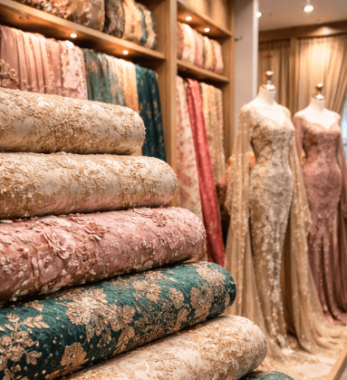 Kilauan kain mewah di Grosir Kain Brokat dan Kebaya Medan yang menjadi pilihan utama untuk pembuatan busana pesta dan pengantin.