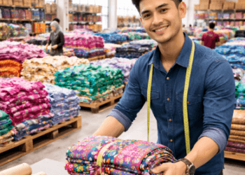 Aktivitas penimbangan di Grosir Kain Kiloan Medan yang menawarkan harga lebih hemat bagi para pelaku usaha kreatif.