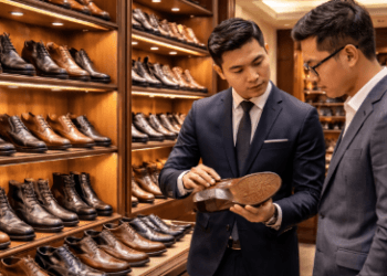 Deretan koleksi elegan di Grosir Sepatu Kulit Pria Medan yang menyediakan berbagai jenis sepatu formal dan bot kulit berkualitas.