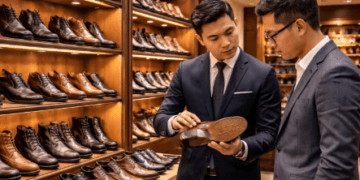 Deretan koleksi elegan di Grosir Sepatu Kulit Pria Medan yang menyediakan berbagai jenis sepatu formal dan bot kulit berkualitas.