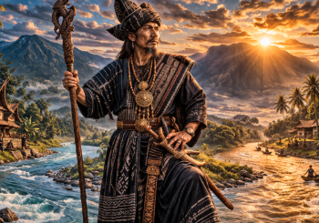 Ilustrasi sosok Guru Patimpus saat mendirikan pemukiman di pertemuan dua sungai.