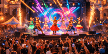 Kemeriahan festival Hiburan Kreatif di jantung kota pada malam hari.