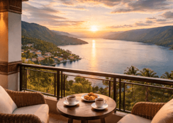 Balkon kamar sebuah hotel di Parapat dengan view danau yang menawarkan suasana tenang dan romantis saat matahari terbenam.