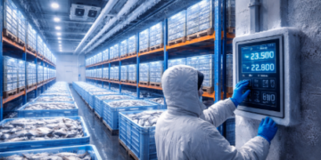 Fasilitas modern teknologi pendingin ikan Belawan yang menggunakan sistem pemantauan suhu digital otomatis.