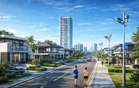 Visualisasi kawasan perumahan modern untuk tujuan Investasi Properti.