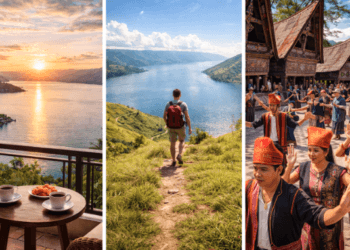 Panduan visual itinerary Danau Toba yang merangkum perjalanan wisata alam, budaya, dan momen relaksasi selama 3 hari.