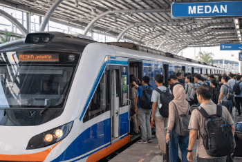 Kereta komuter KA Sri Lelawangsa yang melayani rute Medan-Binjai sedang berhenti di peron stasiun.