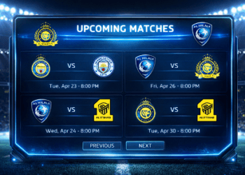 Kalender digital yang menampilkan jadwal pertandingan besar di Liga Arab Saudi 2026.