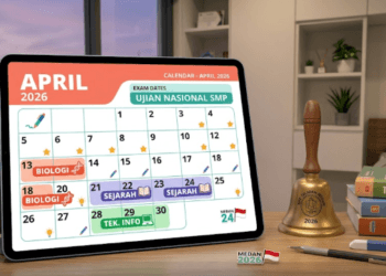 Kalender digital yang menampilkan jadwal ujian Tes Kemampuan Akademik (TKA) SMP dan MTS April 2026.