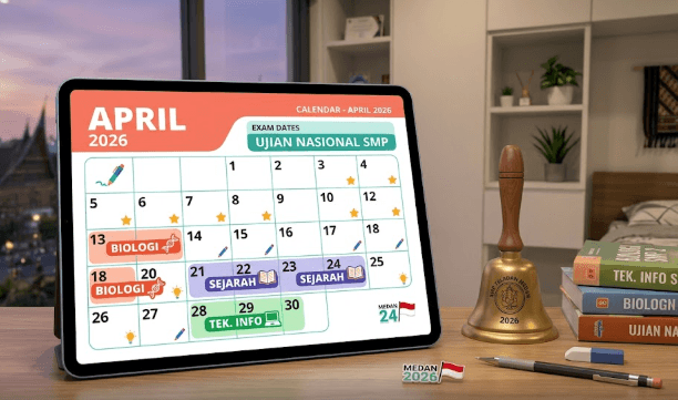 Kalender digital yang menampilkan jadwal ujian Tes Kemampuan Akademik (TKA) SMP dan MTS April 2026.