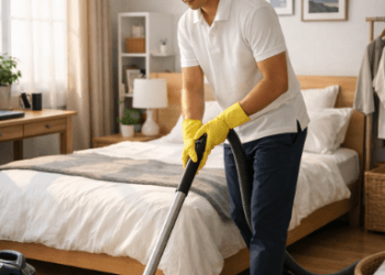 Infografis trik rawat area tempat tidur yang menampilkan pemuda menerapkan jurus jaga kebersihan lingkungan kamar.