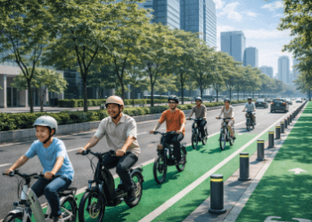 Fasilitas Jalur Sepeda Listrik Medan yang telah dilengkapi dengan marka hijau dan pembatas keamanan guna melindungi para pengendara di jalan protokol.