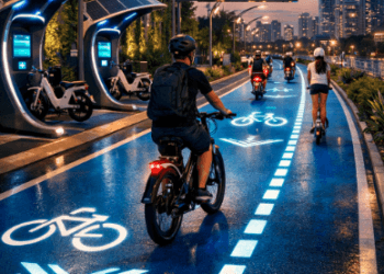 Fasilitas Jalur Sepeda Medan yang dilengkapi dengan marka jalan berpendar otomatis guna menjamin keselamatan pesepeda saat malam hari.