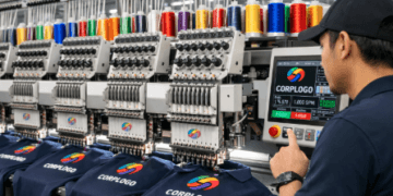 Proses produksi cepat menggunakan mesin digital pada pusat jasa bordir komputer di Medan.