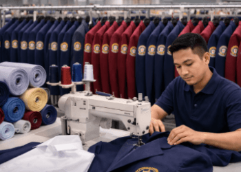 Proses pengerjaan jas almamater universitas dengan tingkat presisi tinggi di pusat jasa jahit almamater dan jas di Medan.