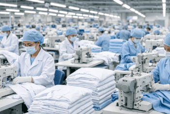 Proses produksi seragam medis dengan standar higienis tinggi di pusat jasa jahit jas laboratorium dan medis di Medan.